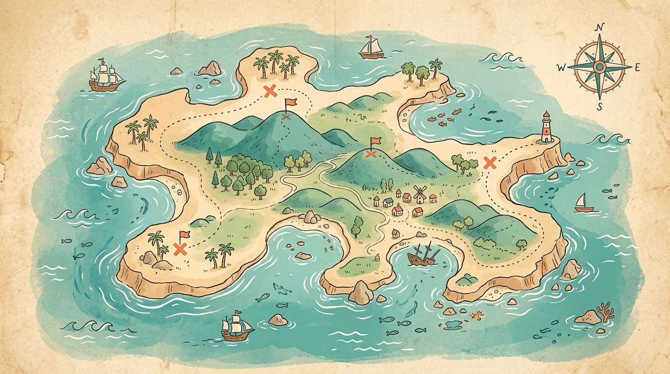 AI 探索島地圖，五個世界沿小徑排列